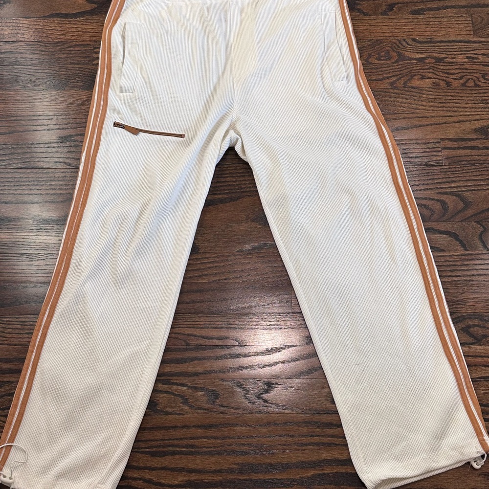 Bare Fox Men's Cream Knit Track Pants with Tan Side Stripes